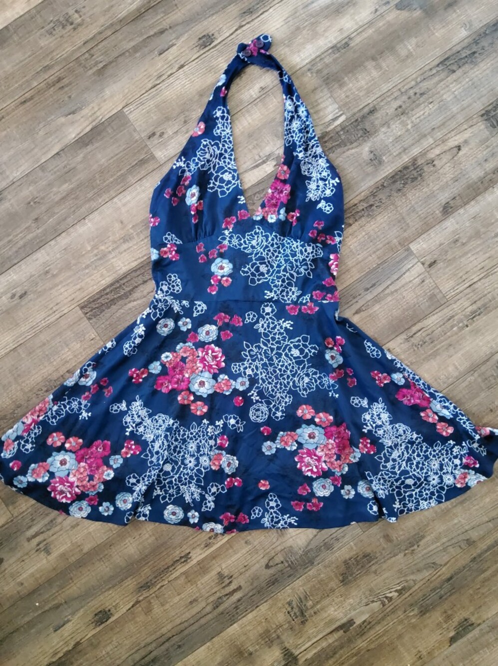 1970s Babydoll Navy Floral Halter Mini Dress